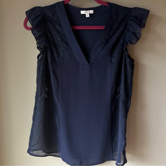 Stella & Dot Maette Women’s Size S Navy Semi Sheer Short Sleeve Blouse - Picture 2 of 10